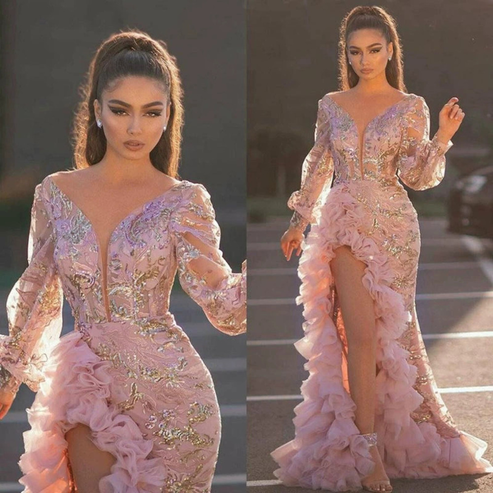 ZARA Sexy Hip Hugging Pink Mesh Long Evening Dress with Sequin Train